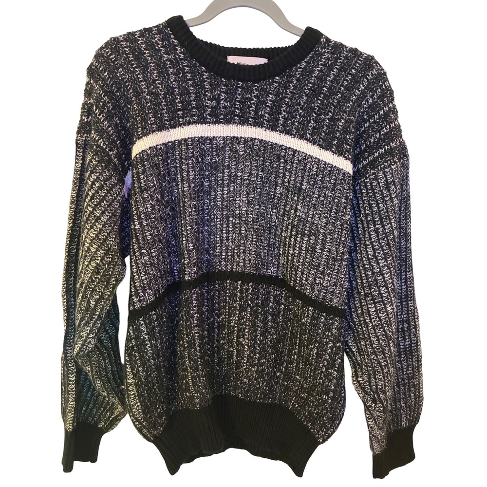 Vintage Expressions Mens Medium Black White Marled Knit Striped Crew Sweater